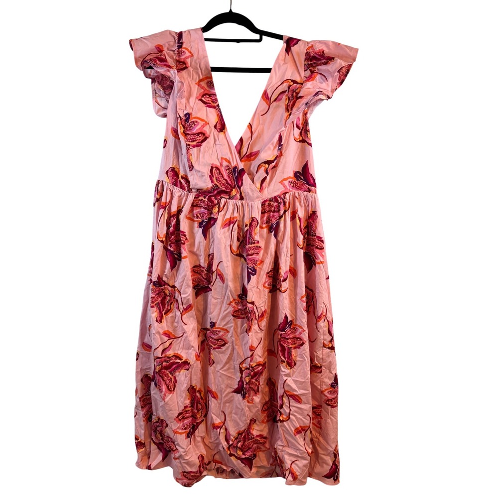 Eloquii Elements Midi Dress‎ Floral Flutter Sleeve 14 Pink Womens Girlhood NWT